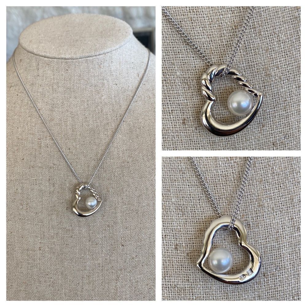 Tasaki Japanese Akoya Pearl 6.8mm 925 Sterling Silver Open Heart Necklace